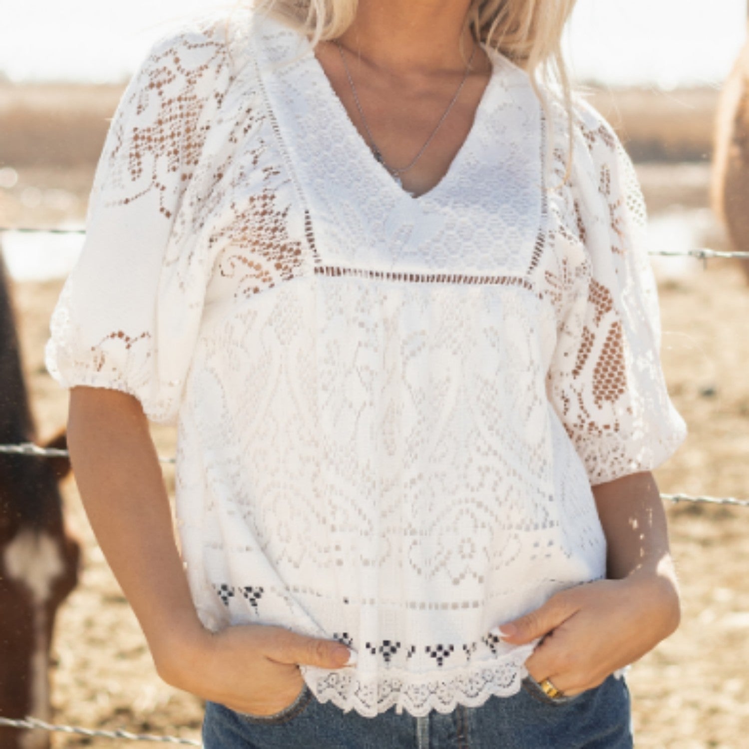 White Lace Crochet Hollowed Scallop Hem V Neck Blouse
