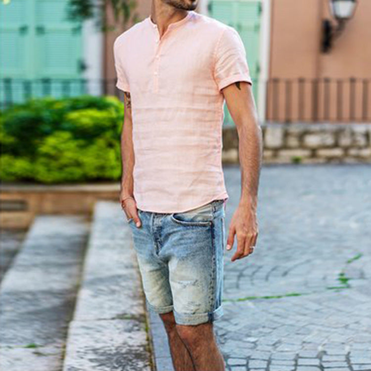 Stand collar cotton linen short sleeve shirt