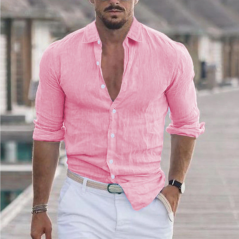 Men's Cotton And Linen Lapel Long Sleeve Solid Color Shirt