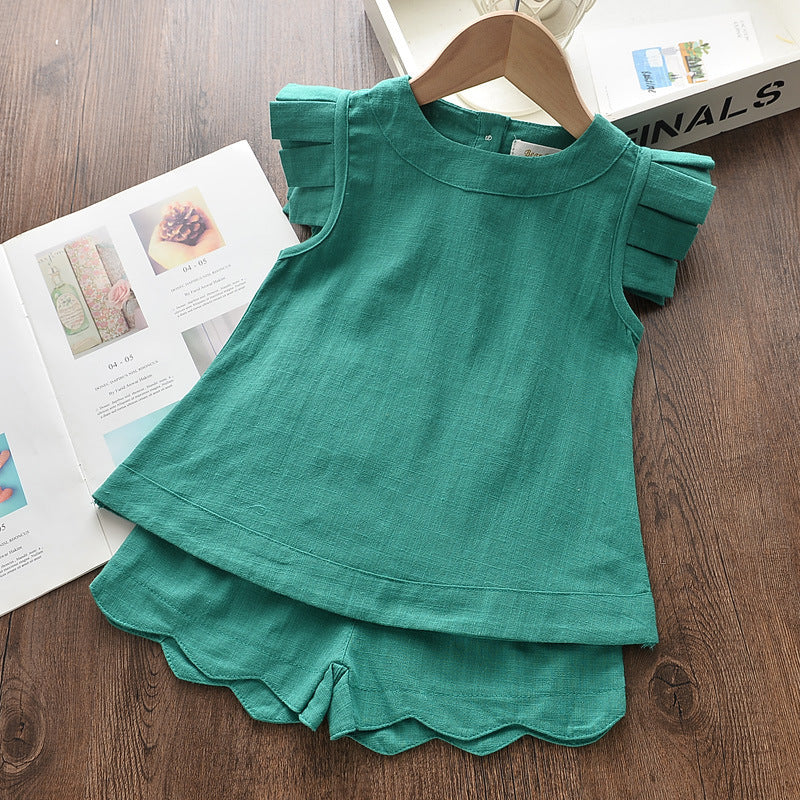 Summer Korean Girl Fungus Flying Sleeve Top Solid Color Shorts Two-Piece Suit Pants