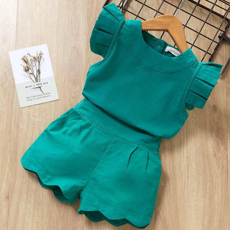 Summer Korean Girl Fungus Flying Sleeve Top Solid Color Shorts Two-Piece Suit Pants