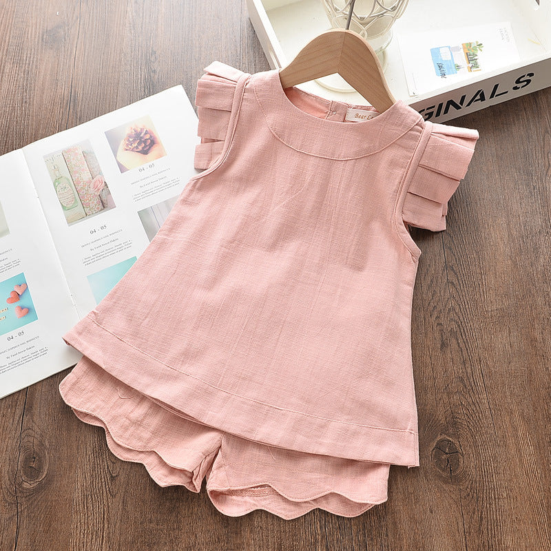 Summer Korean Girl Fungus Flying Sleeve Top Solid Color Shorts Two-Piece Suit Pants