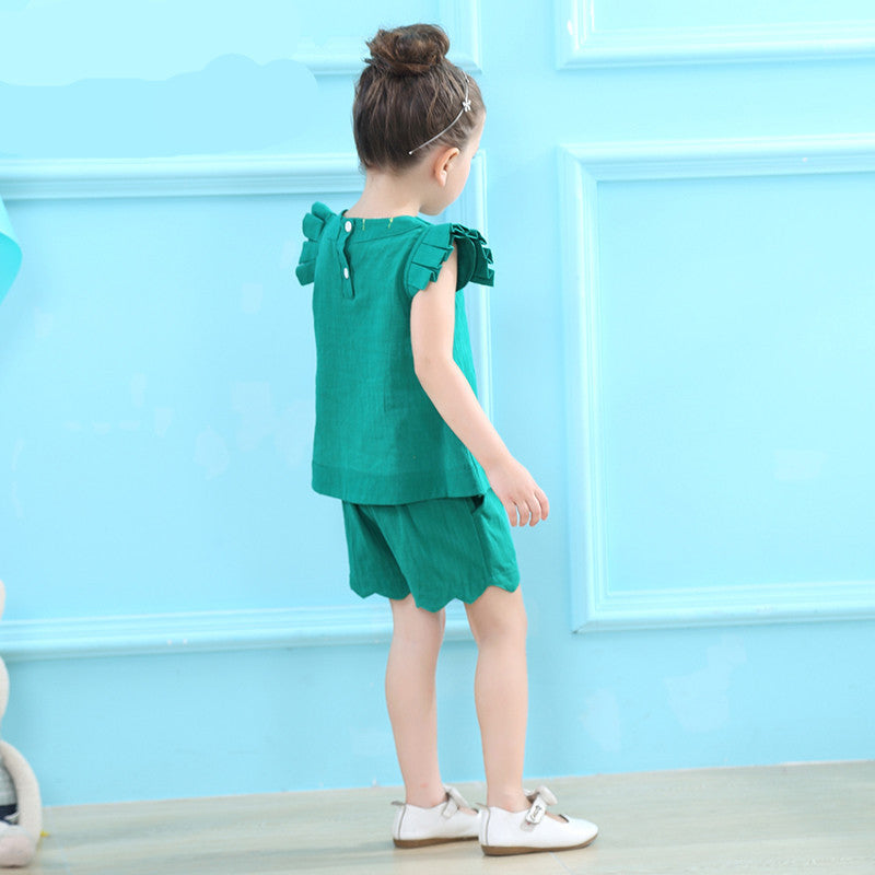 Summer Korean Girl Fungus Flying Sleeve Top Solid Color Shorts Two-Piece Suit Pants