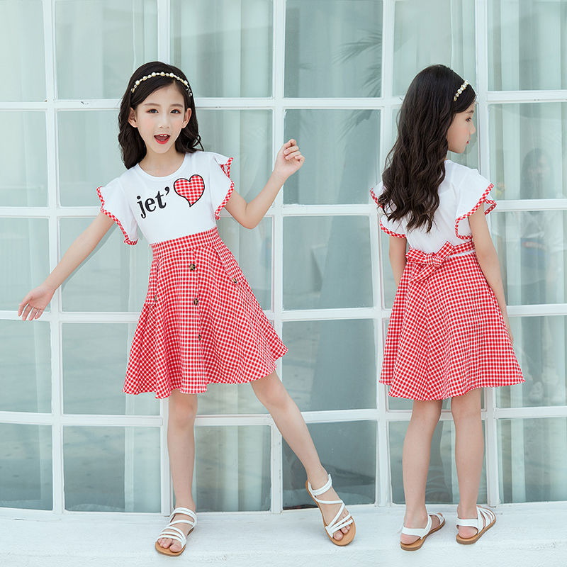 Summer Plaid Korean Style Big kids Children Girls Summer Western Style Princess Skirt