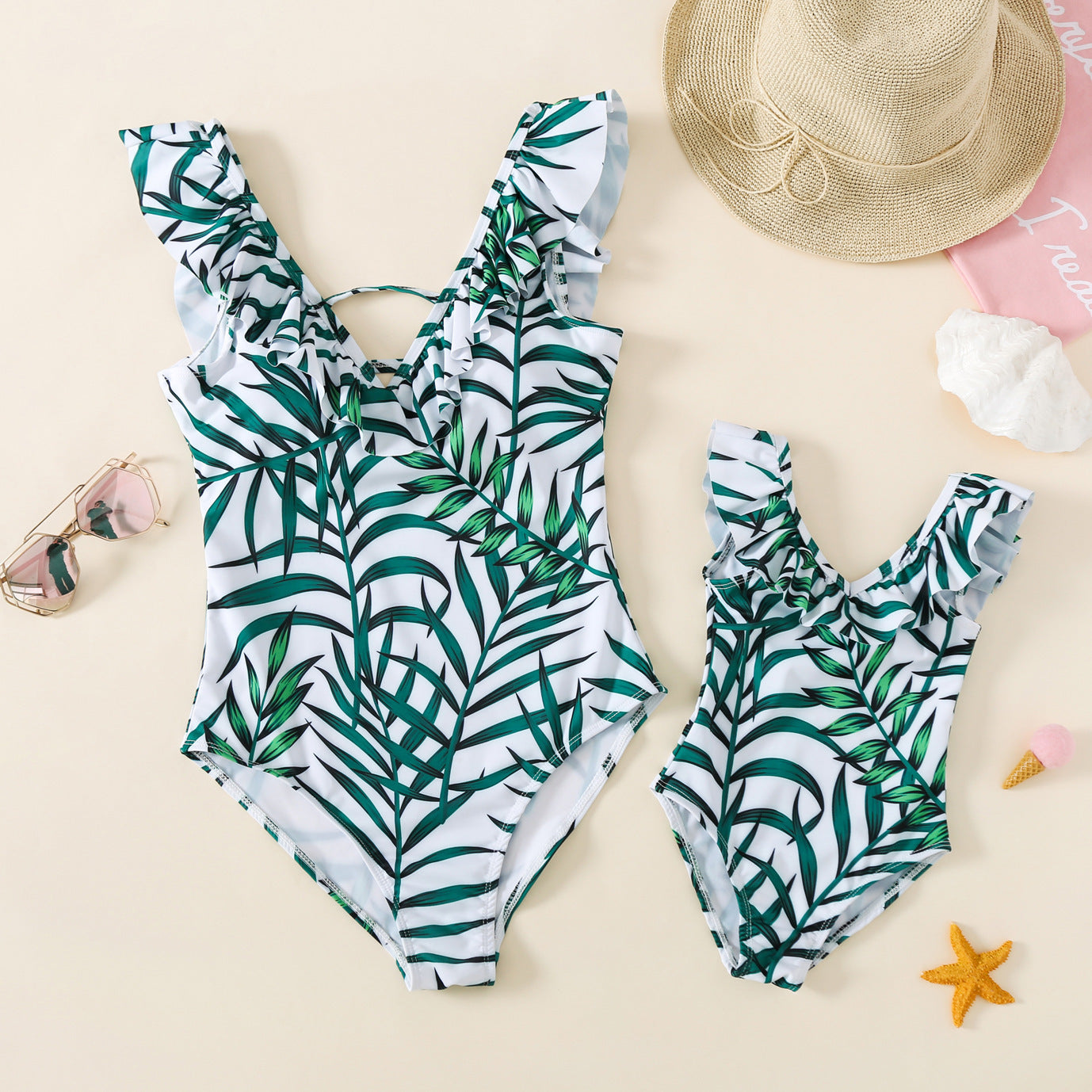 Green V-neck Swimsuit For Mother And Daughter