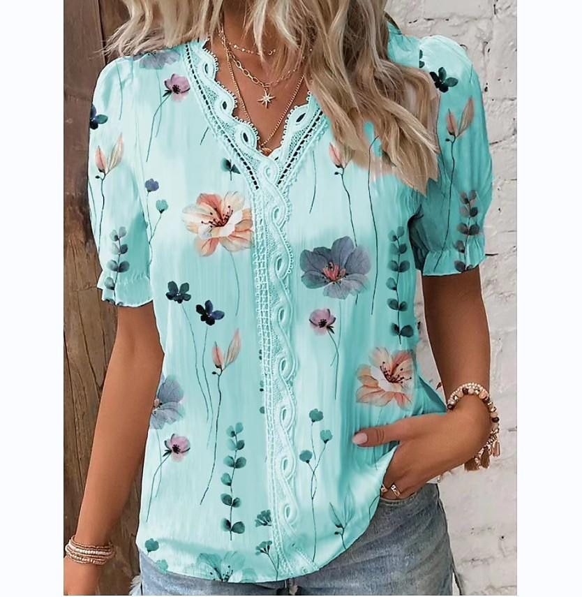 V-neck Holiday Fashion Floral Short Sleeve