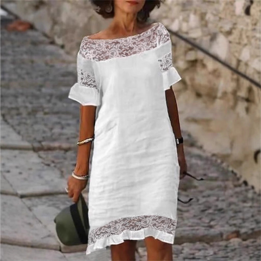 White Lace Ruffled Short Sleeves Hollow Dress