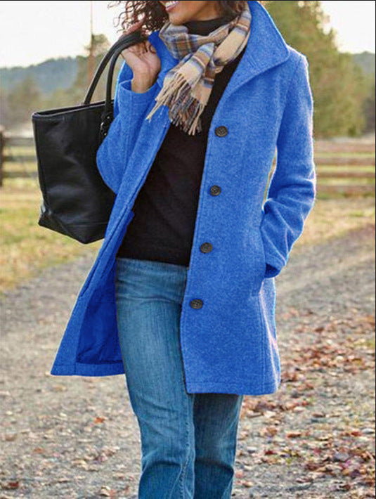 Ladies New Woolen Mid-length Multi-grain Buckle Cardigan Coat