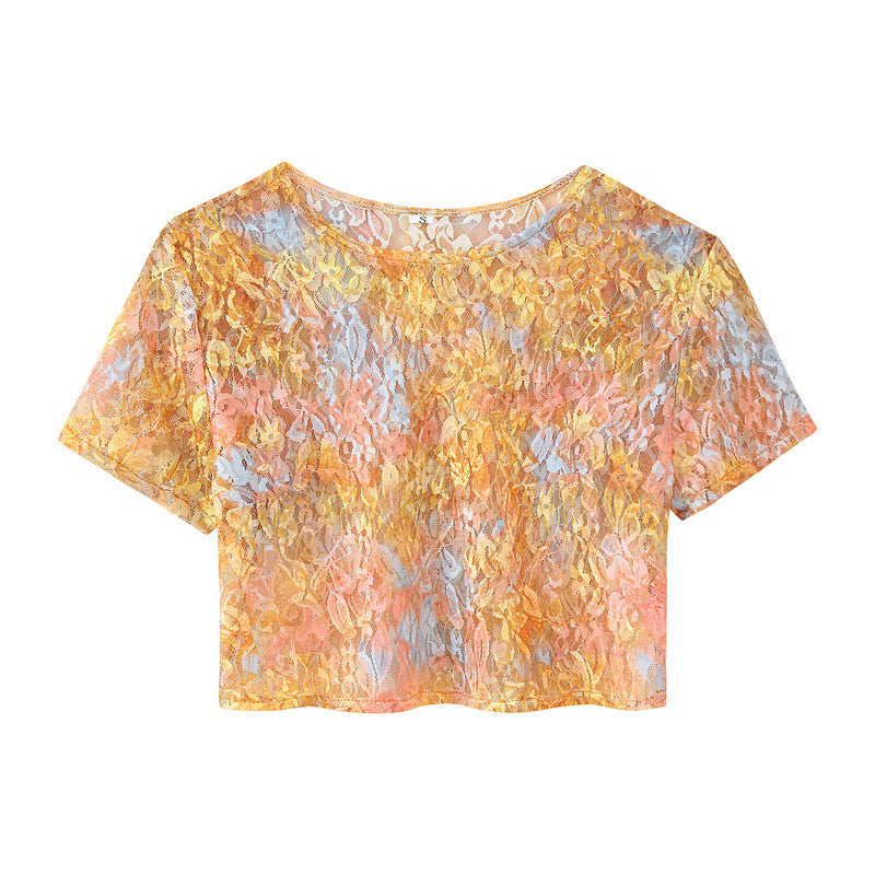 Round Neck Lace Print Slim Fit Top And Skirt Suit