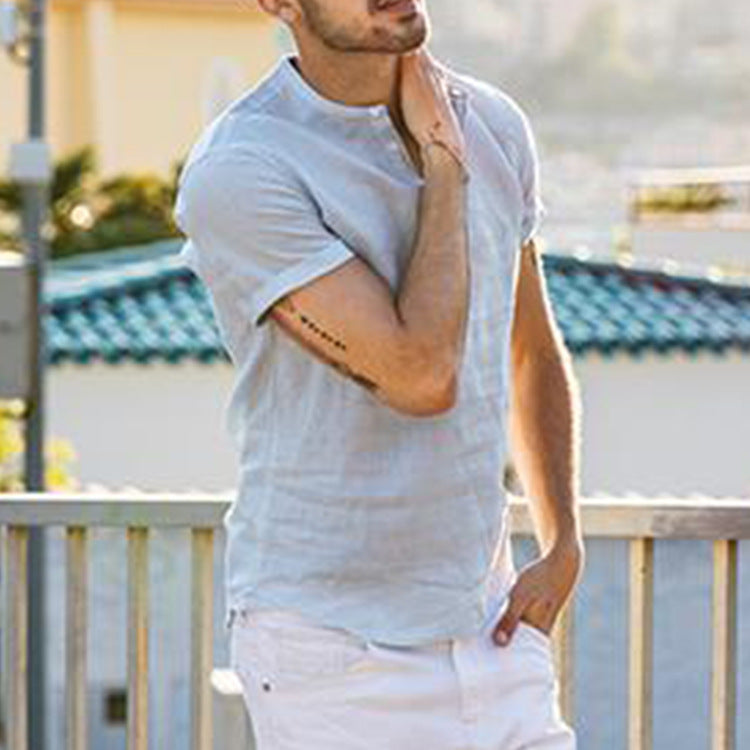 Stand collar cotton linen short sleeve shirt