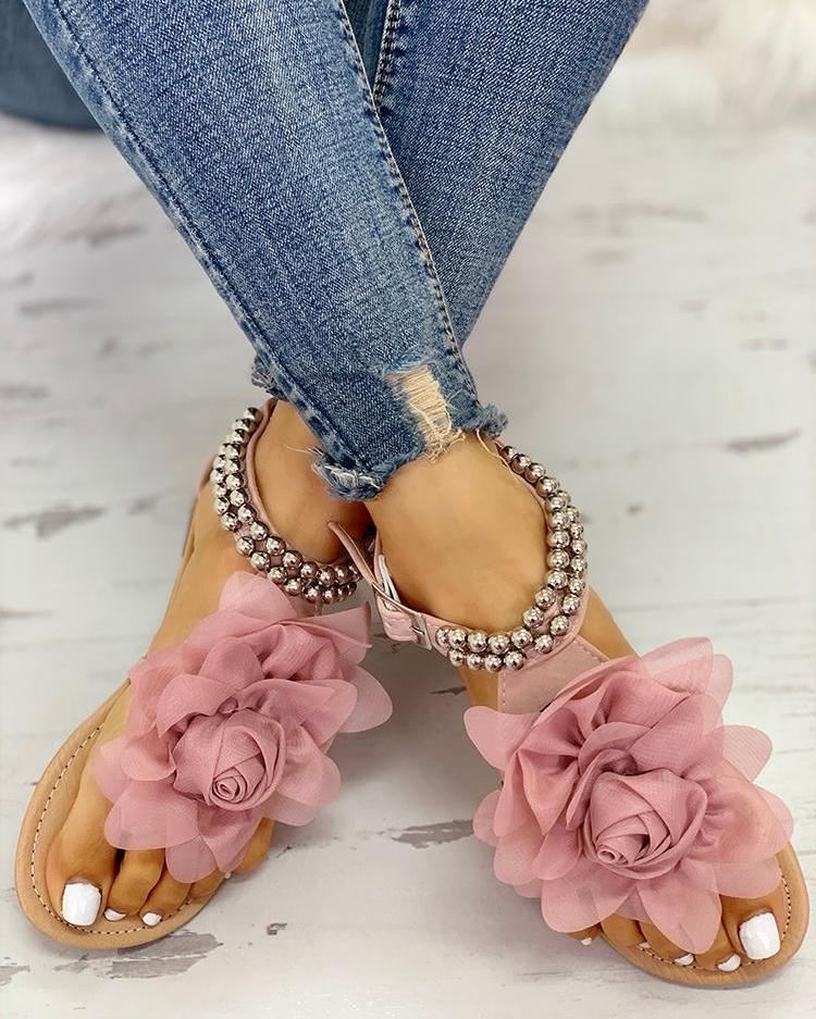 Large Size Flat Bottom Flower Sandals Bohemian Women's Beaded Fashion Comfortable Sandals