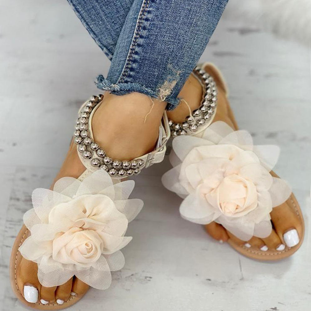 Large Size Flat Bottom Flower Sandals Bohemian Women's Beaded Fashion Comfortable Sandals