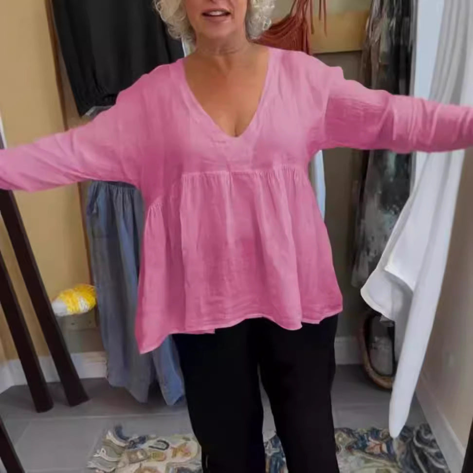 Women's Cotton And Linen Deep V-neck Solid Color Loose Top