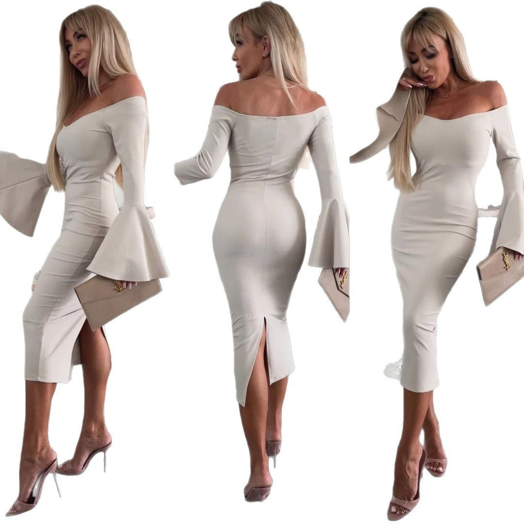 Solid Color Niche Design Off-neck Flared Long Sleeve Dress