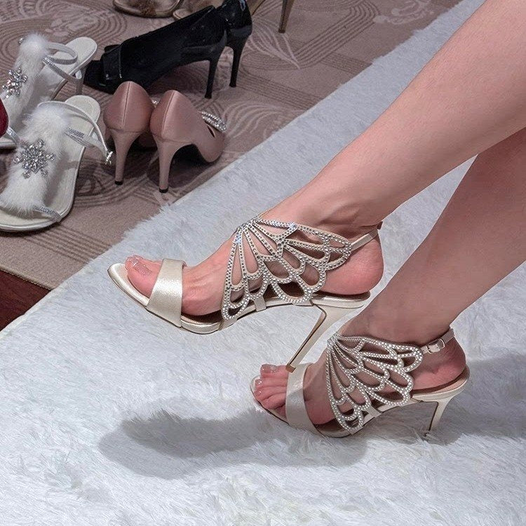 Spring Summer New Open Toe Rhinestone Hollow Out Bow Sandals Satin One Buckle Strap Sexy Style Stiletto High Heels For Women