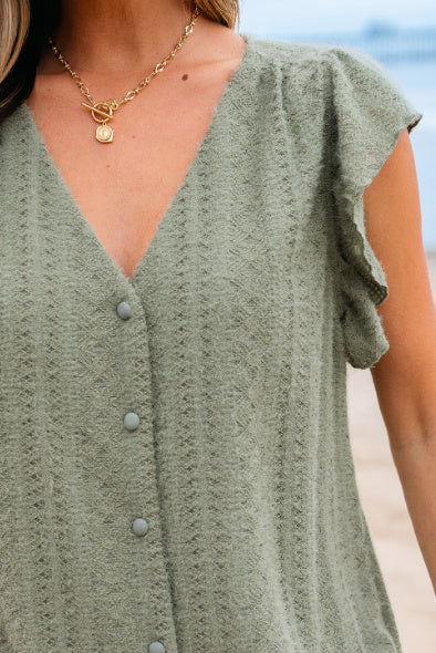 Laurel Green Flutter Sleeve Lace V Neck Shirt
