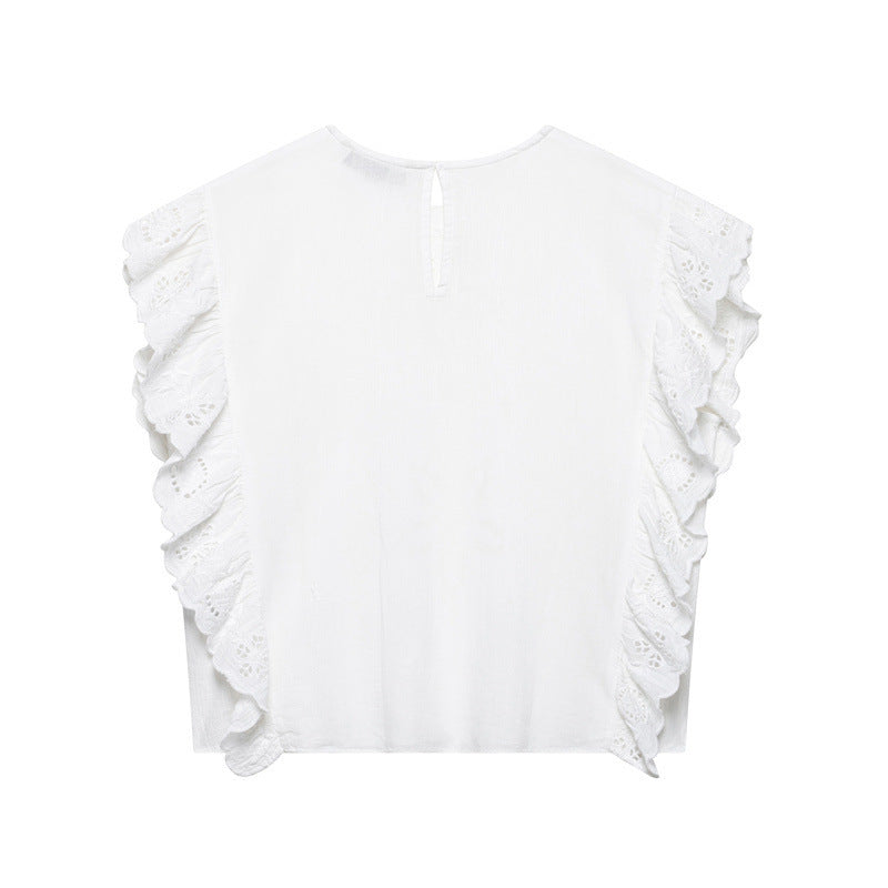 Wooden Ear Sleeveless T-shirt Romantic Embroidered Hollow Top