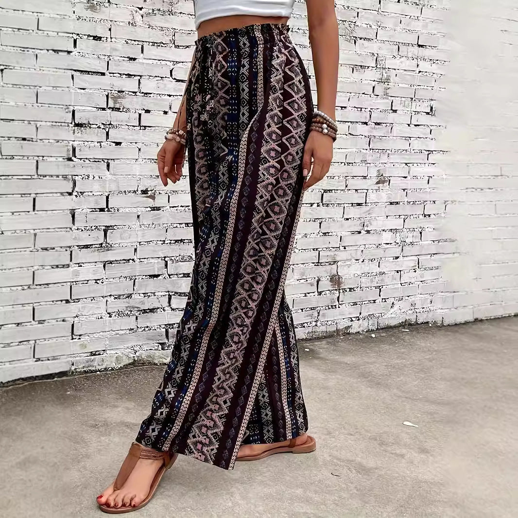 Bohemian Print Loose-fitting Wide-leg Trousers