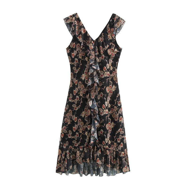 V-neck Chiffon Sleeveless Waist-tight Temperament Elegant Dress Vintage Printed Dress