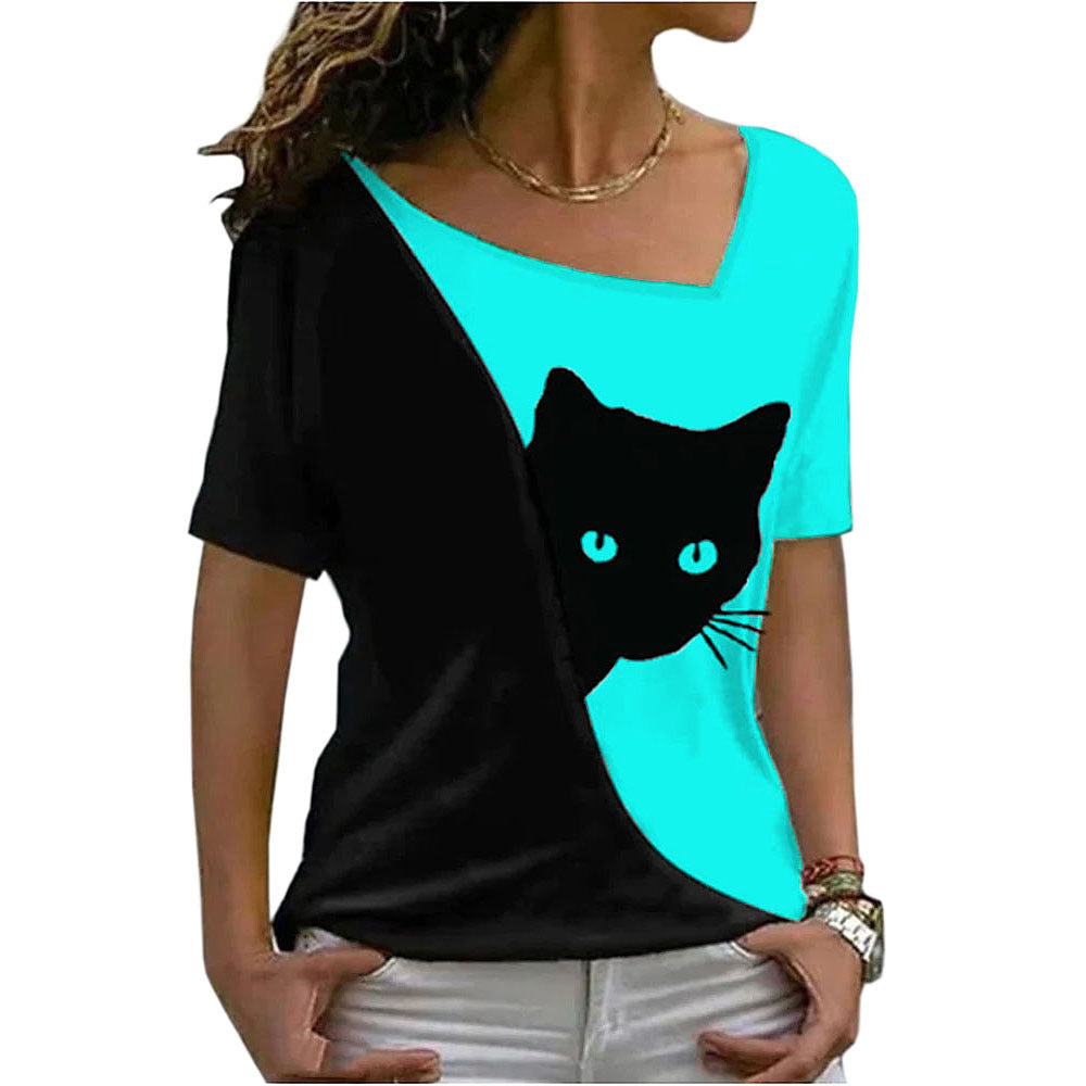Women's Cat Printing Top Short Sleeve
