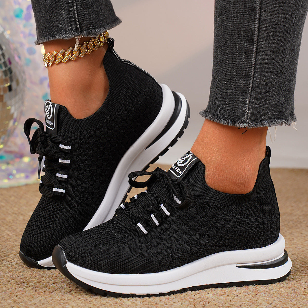 Plus Size Fashion Platform Flat Pumps Women's Casual Lace Up Mesh Sneaker