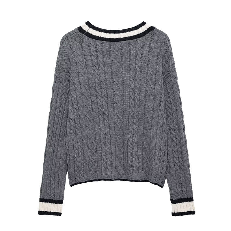 Women's Fashion Color Contrast V-neck Twisted Flower Cardigan Knitted Coat