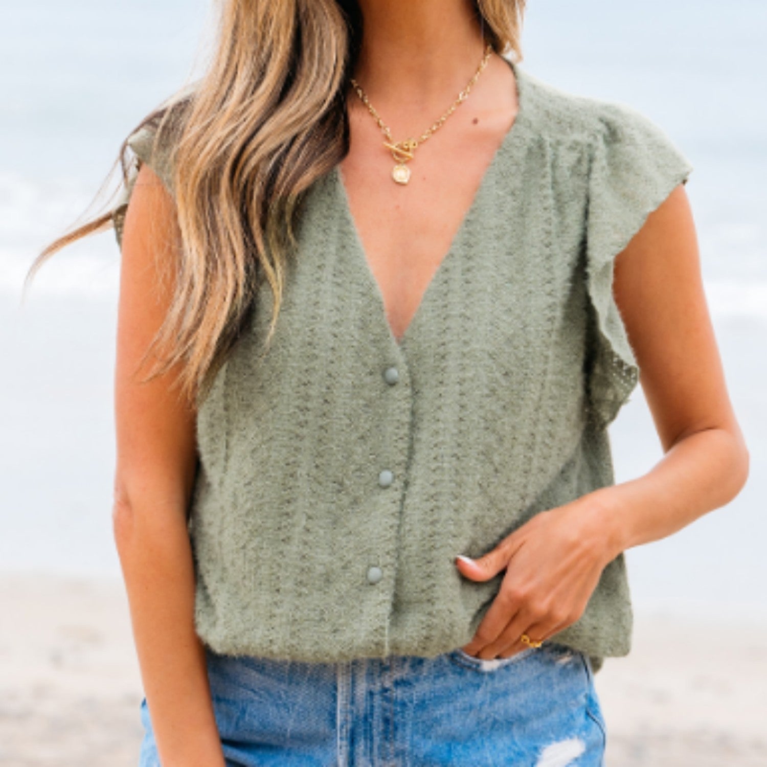 Laurel Green Flutter Sleeve Lace V Neck Shirt