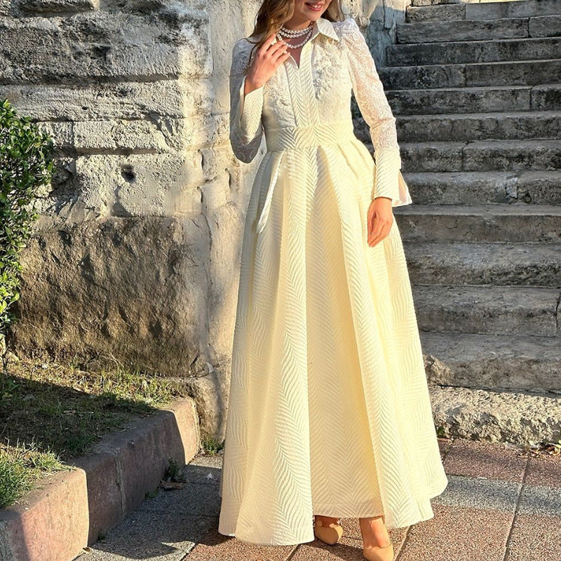 White Front Chest Flower Beads Lace Yarn French Style Retro Long Sleeve Fashion Slim Dress