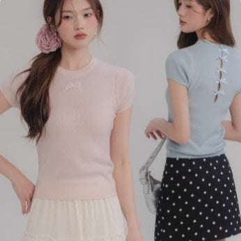 Sweet Girl Short Sleeve Bow Knitted T-shirt