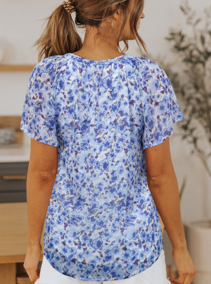 Blue Flutter Sleeve V Neck Floral Summer Blouse