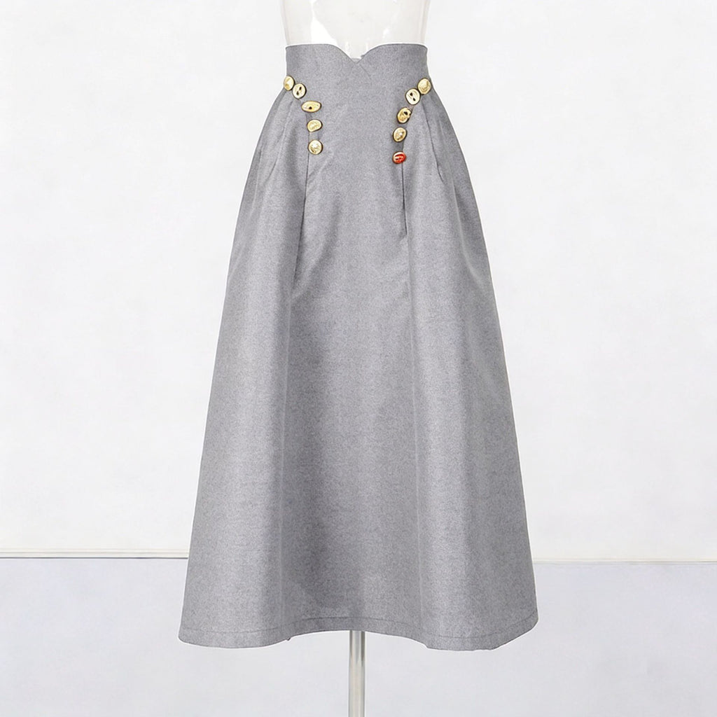 Irregularly Shaped Button-decorated Pleated Midi Skirt