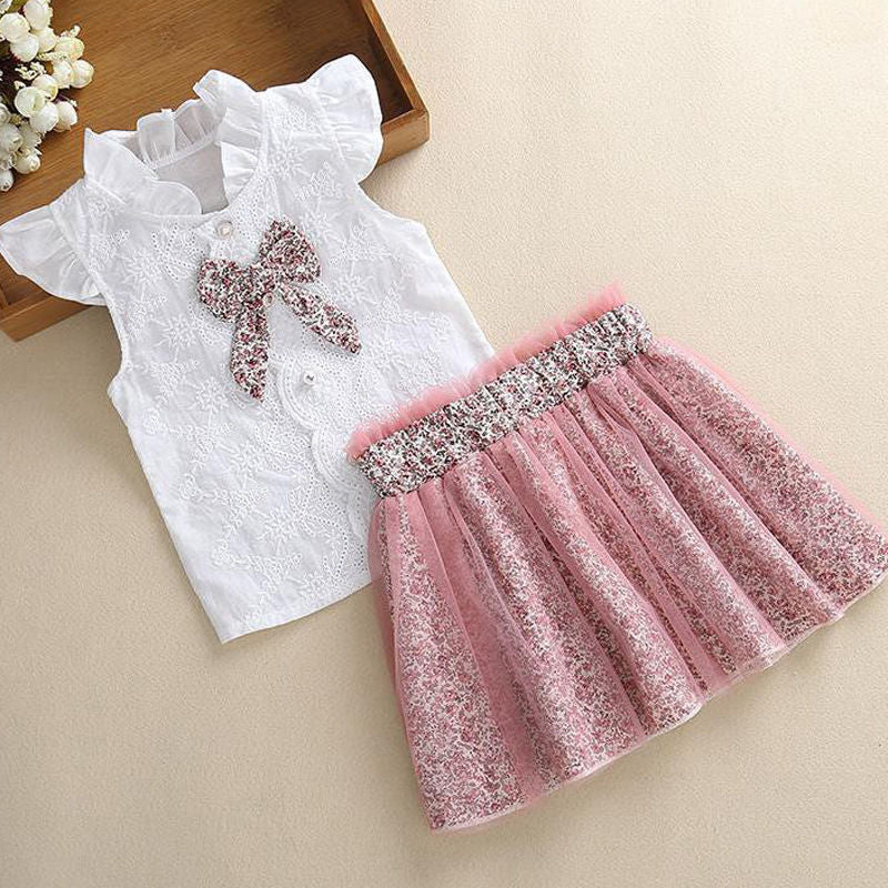 New Girls' Summer Suit Short-Sleeved Short Skirt Floral Two-Piece Suit
