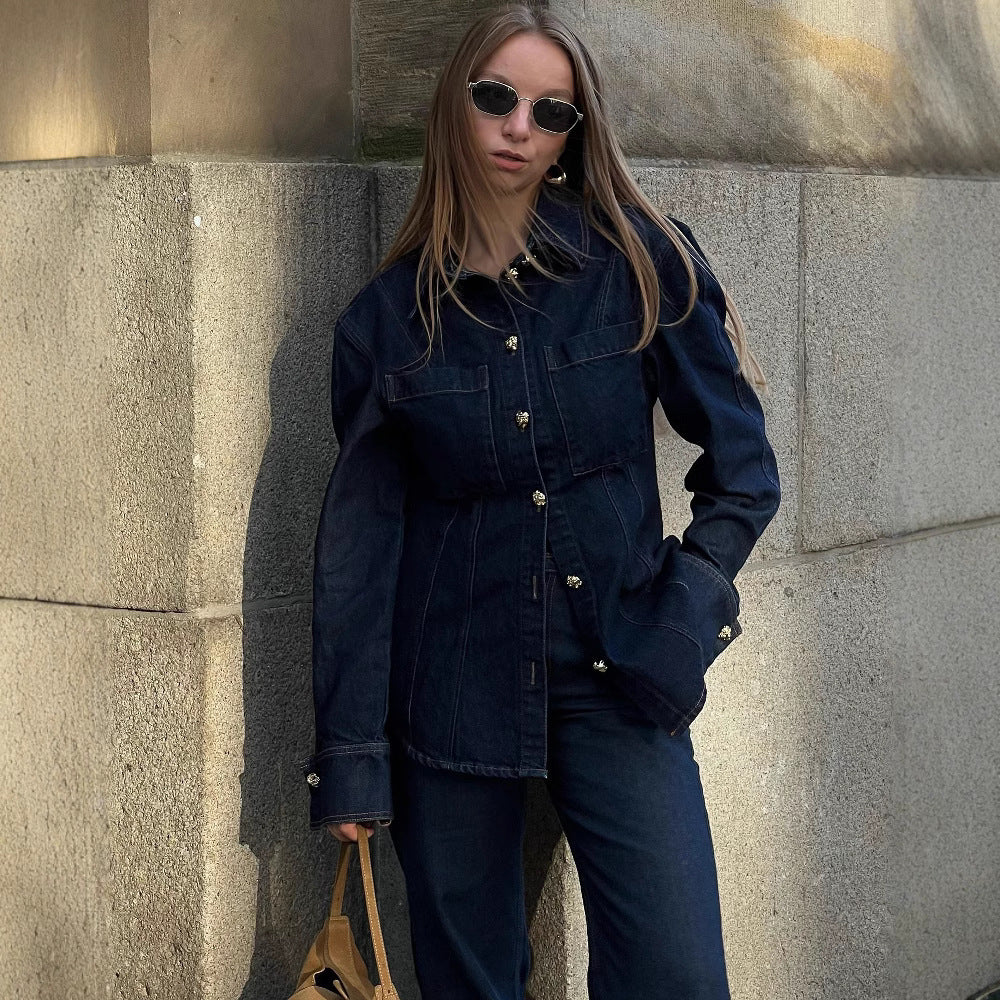 Simple Trendy Solid Color Single-breasted Denim Coat Trousers Suit