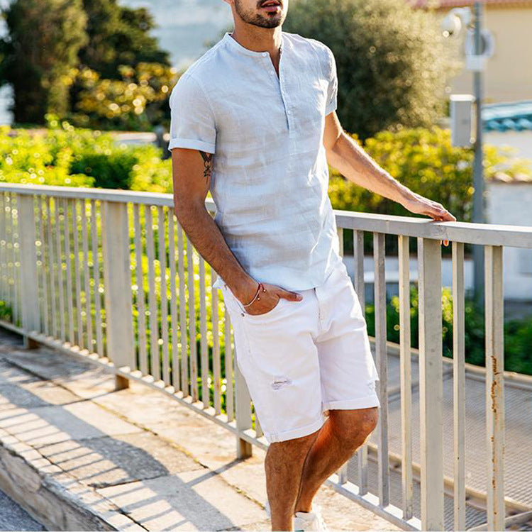 Stand collar cotton linen short sleeve shirt