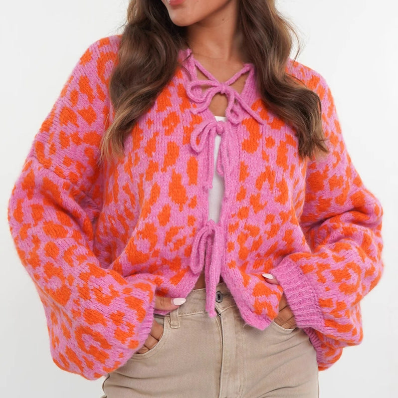 Round Neck Tied Leopard Print Knitted Cardigan Sweater