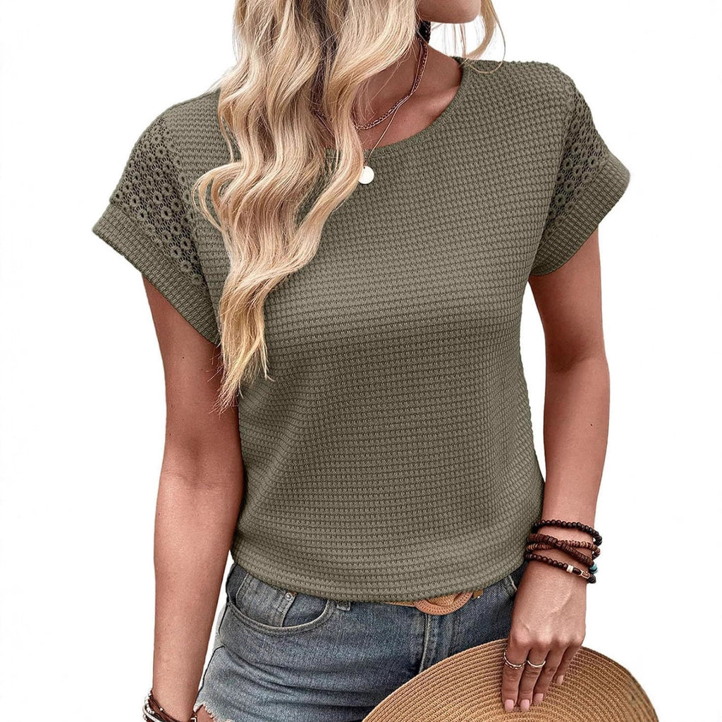 Women's Round-neck Waffle Knit Lace Cutout Short-sleeved Shirt