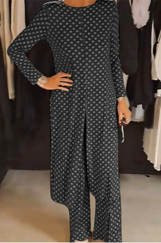 Round Neck Long Sleeve Split Polka Dot Trousers Casual Suit Women