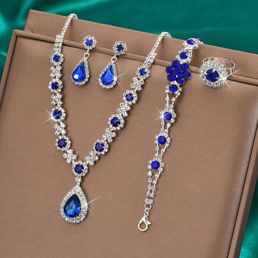 High-grade Crystal Gem Women's Water Drop Necklace Ear Stud Bracelet Ring