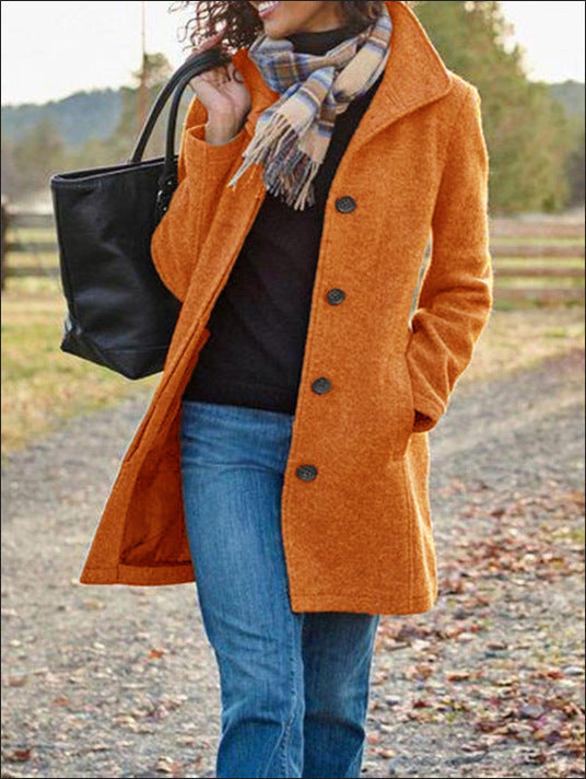 Ladies New Woolen Mid-length Multi-grain Buckle Cardigan Coat