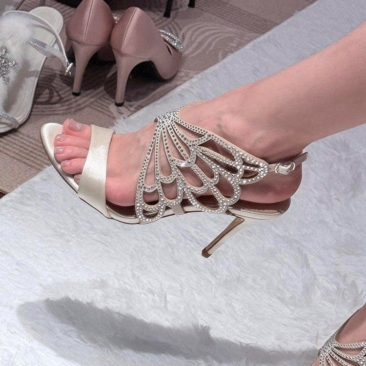 Spring Summer New Open Toe Rhinestone Hollow Out Bow Sandals Satin One Buckle Strap Sexy Style Stiletto High Heels For Women