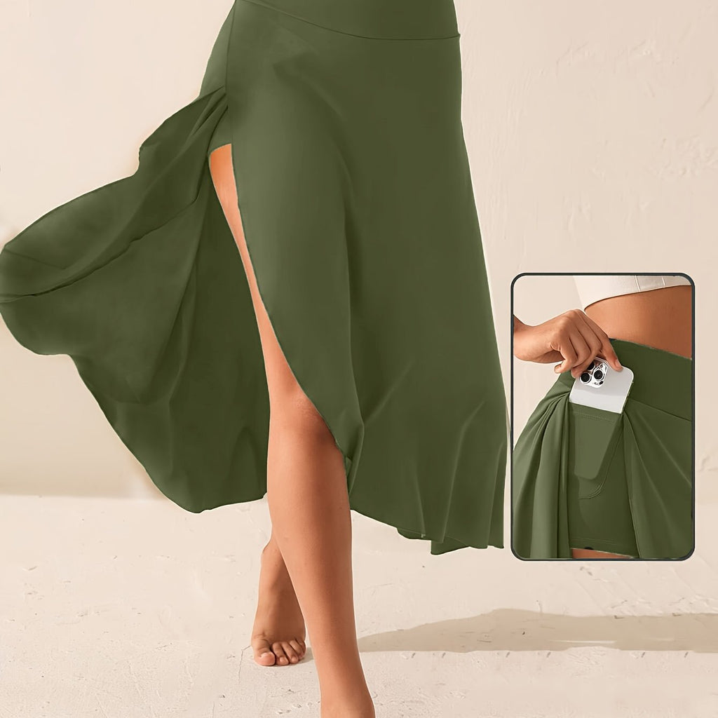 Womens Solid-Color High-Waisted Side-Slit Skirt