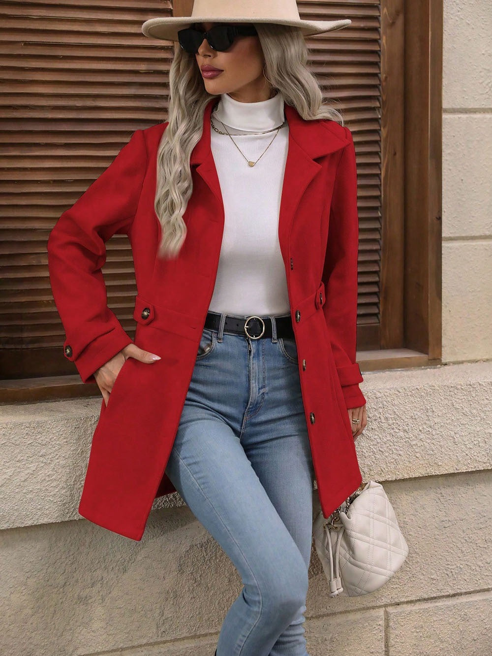Mid-length Elegant Lapel Button Temperament Slim-fit Woolen Coat
