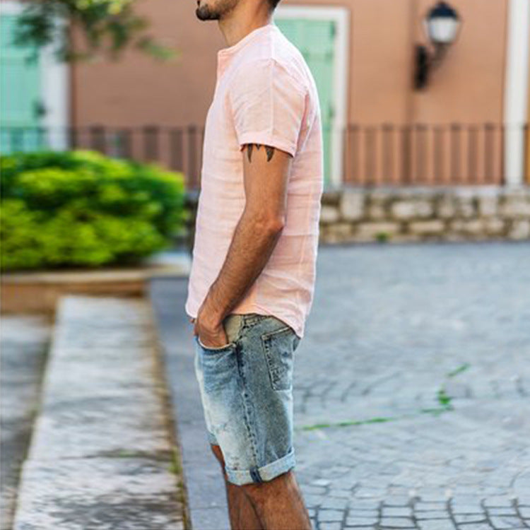 Stand collar cotton linen short sleeve shirt