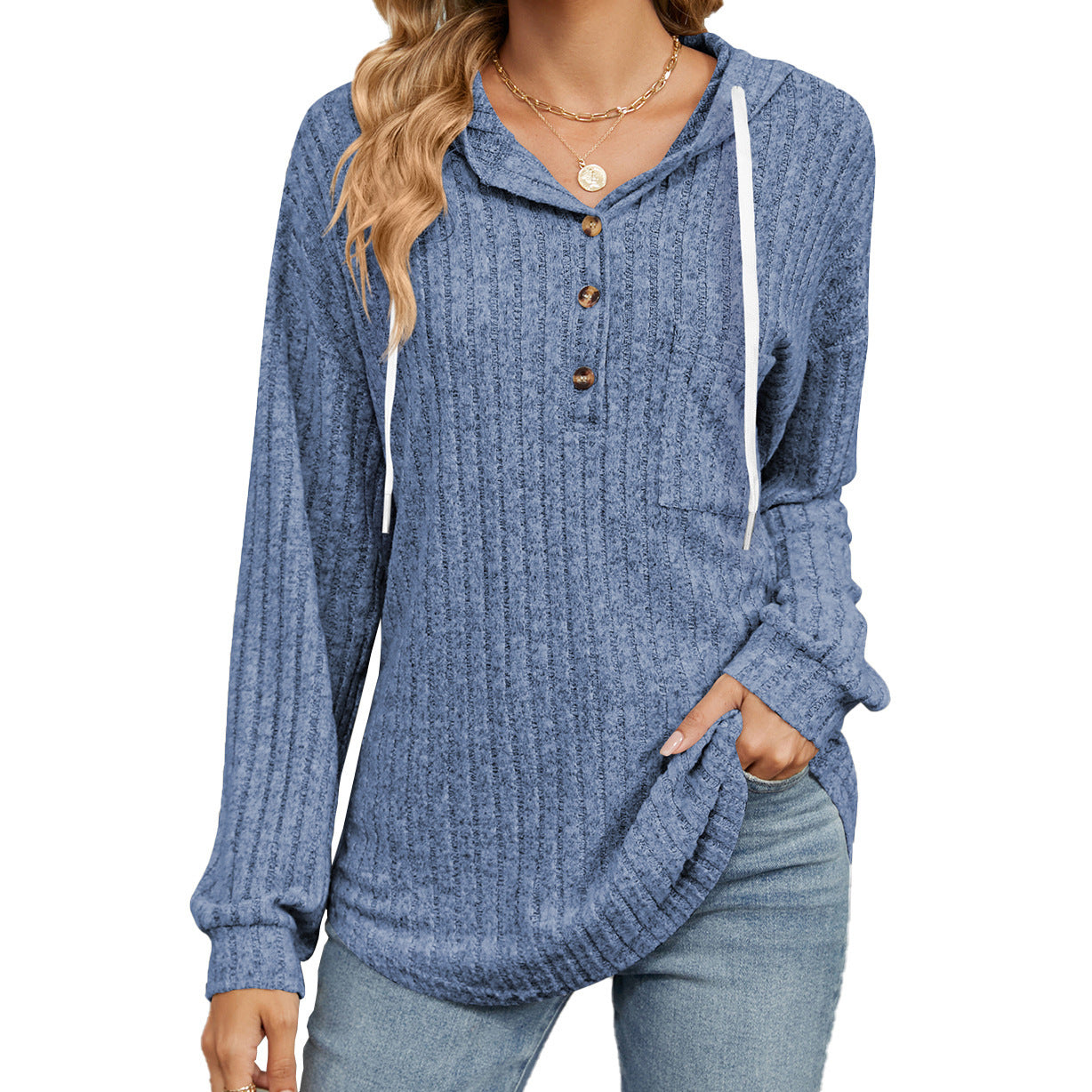 Button Hooded Pocket Loose Long Sleeve Sweatershirt Women