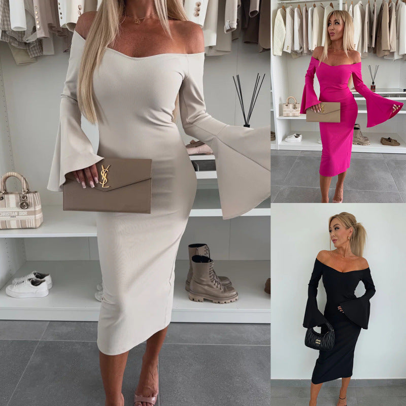 Solid Color Niche Design Off-neck Flared Long Sleeve Dress