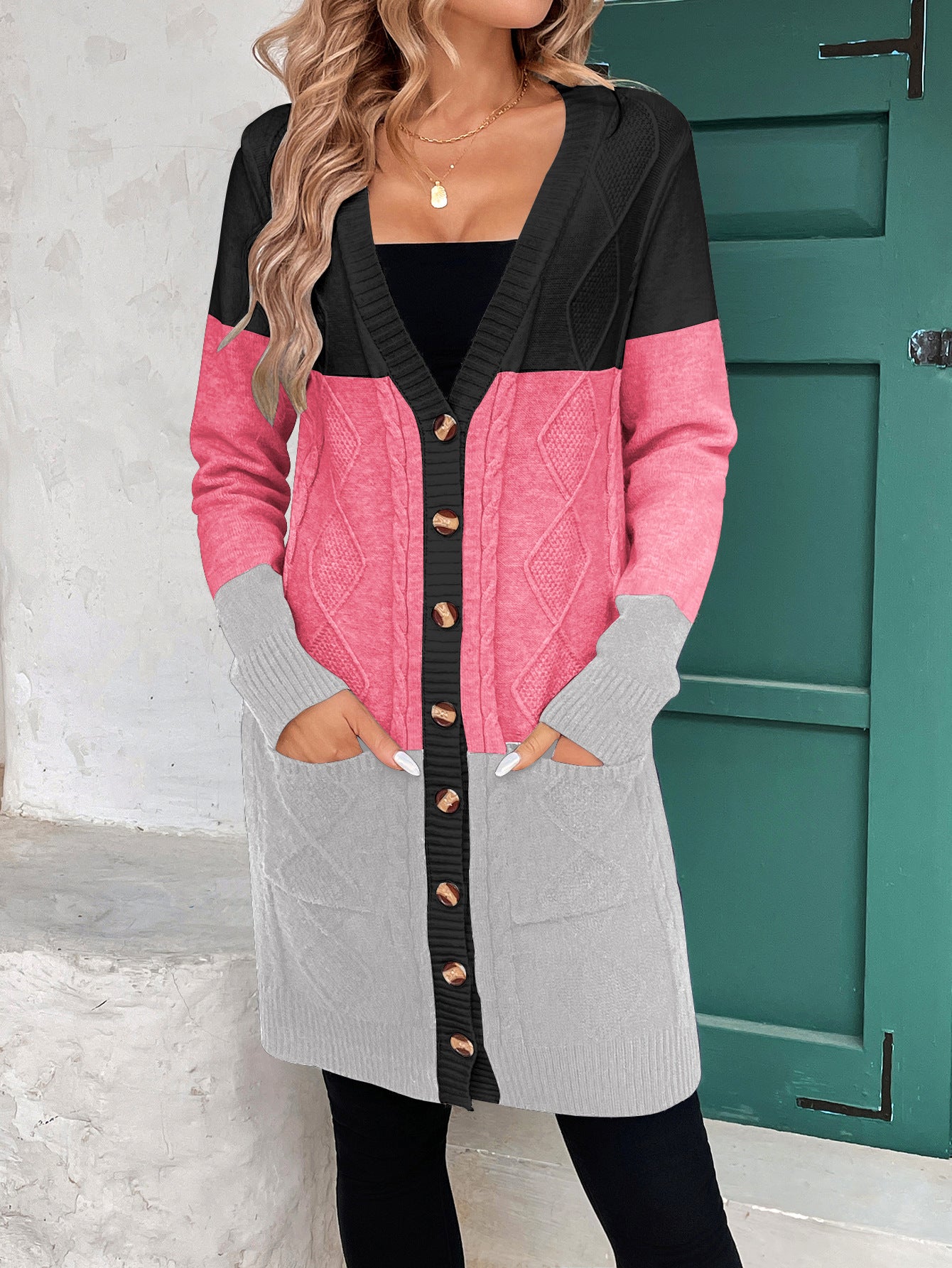 Thread Contrast Color Mid-length Simple Style V-neck Coat
