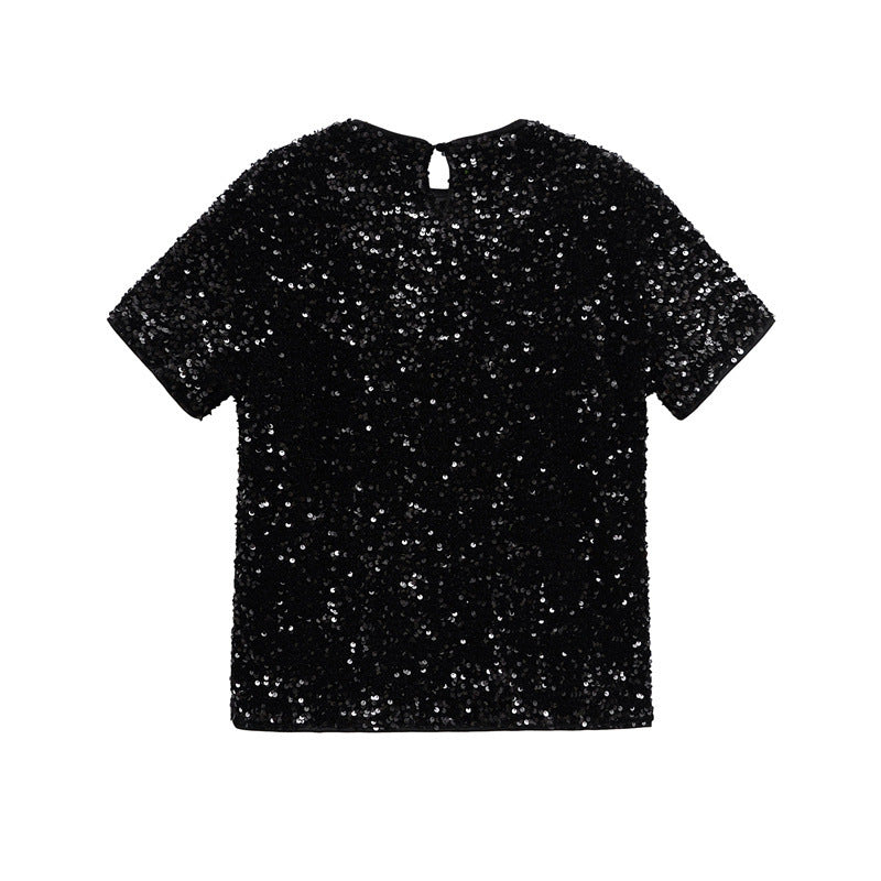 Retro Loose Mid-length Sequined Velvet Short Sleeve