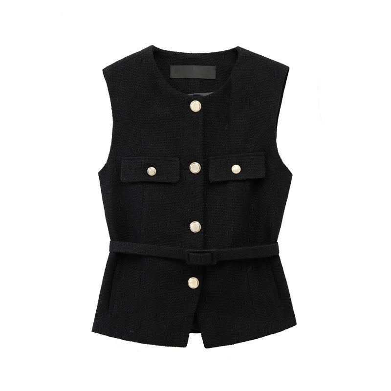 Metal Clasp With Belt Punk Texture Crew Neck Vest