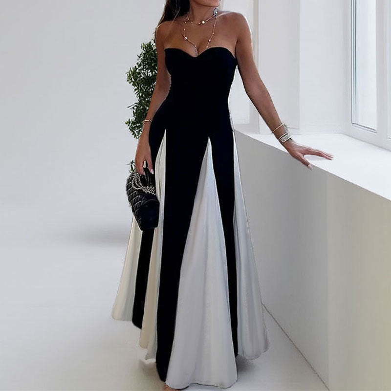 Contrast Color Loose Big Hem Vacation Waist-tight Dress