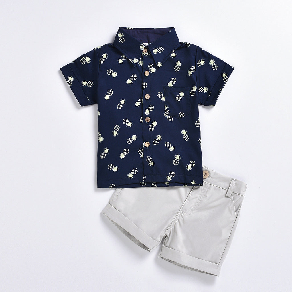 Pineapple Print Short-sleeved Shirt Suit  Shorts Casual Two-piece Suit